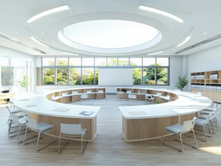 Poster - Innovative classroom design with two circles setup modern educational space interior architecture bright environment wide angle view collaborative learning concept