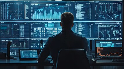 Poster - A corporate executive focuses on a large display of financial charts and interactive graphs for analysis.