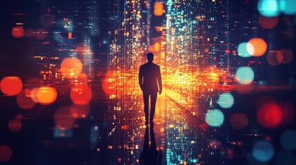 Aufkleber - Man walking through a glowing corridor filled with vibrant lights and reflections in a futuristic setting
