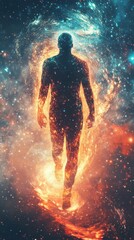 Poster - Man walking through a cosmic vortex illuminated by vibrant colors and energy in a surreal space setting