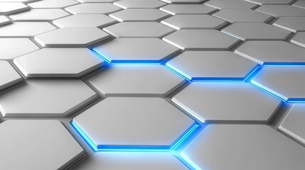 Poster - A high-tech hexagonal grid design with luminous blue energy lines under each hex, on a clean white surface.