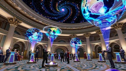 Poster - virtual exhibition showcases interactive displays of galaxies and cosmic phenomena in a stunning dig