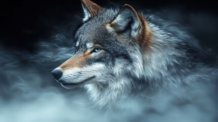  Majestic wolf emerging from fog.