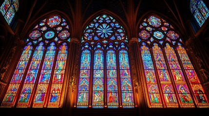 Majestic stained glass window illuminates gothic chapel