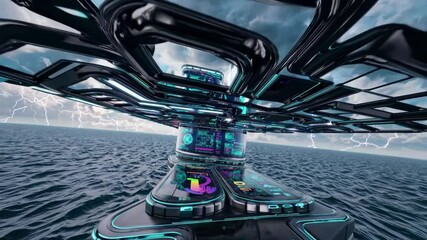Poster - futuristic control room overlooking stormy ocean with advanced technology and vibrant displays