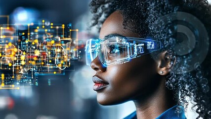 Poster - Woman wearing futuristic augmented reality glasses in a high-tech urban environment at night