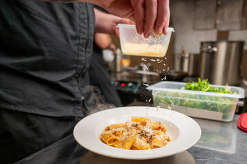 Wall Mural - A chef sprinkles grated cheese over a plate of rigatoni pasta, garnished with herbs. The kitchen setting is bustling, highlighting the culinary process and attention to detail in food preparation.