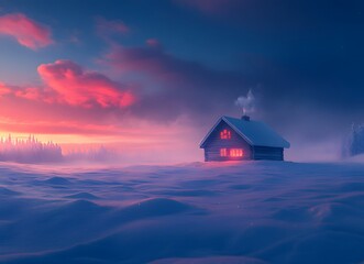 Wall Mural - Winter Cabin Sunset Snowy Landscape Peaceful Scene