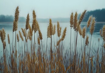 Wall Mural - Golden Wheat Stalks Beside a Calm Lake