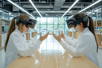 Poster - Virtual reality chemistry lab experiment focusing on green chemistry modern educational facility interactive learning environment detailed exploration of eco-friendly practices