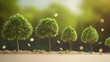 © Sinechana - 90.A visually engaging 3D scene featuring a lineup of trees growing progressively larger, with coins dropping from the branches. The gradual increase in tree size represents financial growth, with