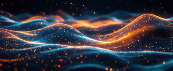 Abstract Digital Landscape with Glowing Particles in Blue and Orange Flowing Waves