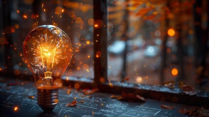 Wall Mural - a brilliant idea with a chalkboard backdrop, bokeh, and sparks surrounding a bright edison light bul