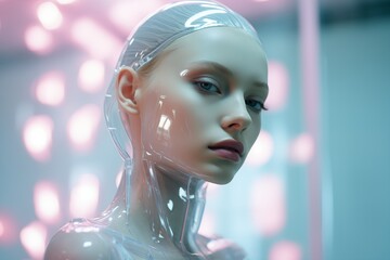 Poster - Futuristic Humanoid Robot with Transparent Design in a High-Tech Environment