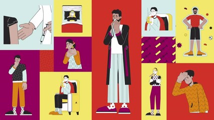 Poster - Seasonal influenza treatment animated bento grid layout. Flu virus, immunization. Viral infection. Sick people diverse 2D animation flat cartoon ui collage design. 4K video motion graphic collection