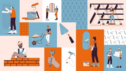 Poster - Diverse builders contractors animated bento grid layout. Hardhat wear people. Renovation construction workers foremen 2D animation flat cartoon ui collage design. 4K video motion graphic collection