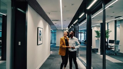 Poster - Meeting in a modern office hallway with glass partitions in a collaborative workspace