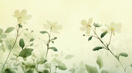 Wall Mural - Soft watercolor painting of delicate pale yellow flowers and green leaves on a light green background.