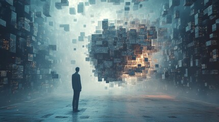 Poster - Surreal Representation of Big Data in an Abstract Distorted Space with a Figure Contemplating