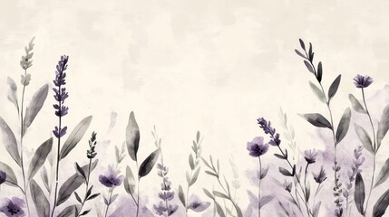 Wall Mural - Watercolor painting of lavender and wildflowers on a beige background.