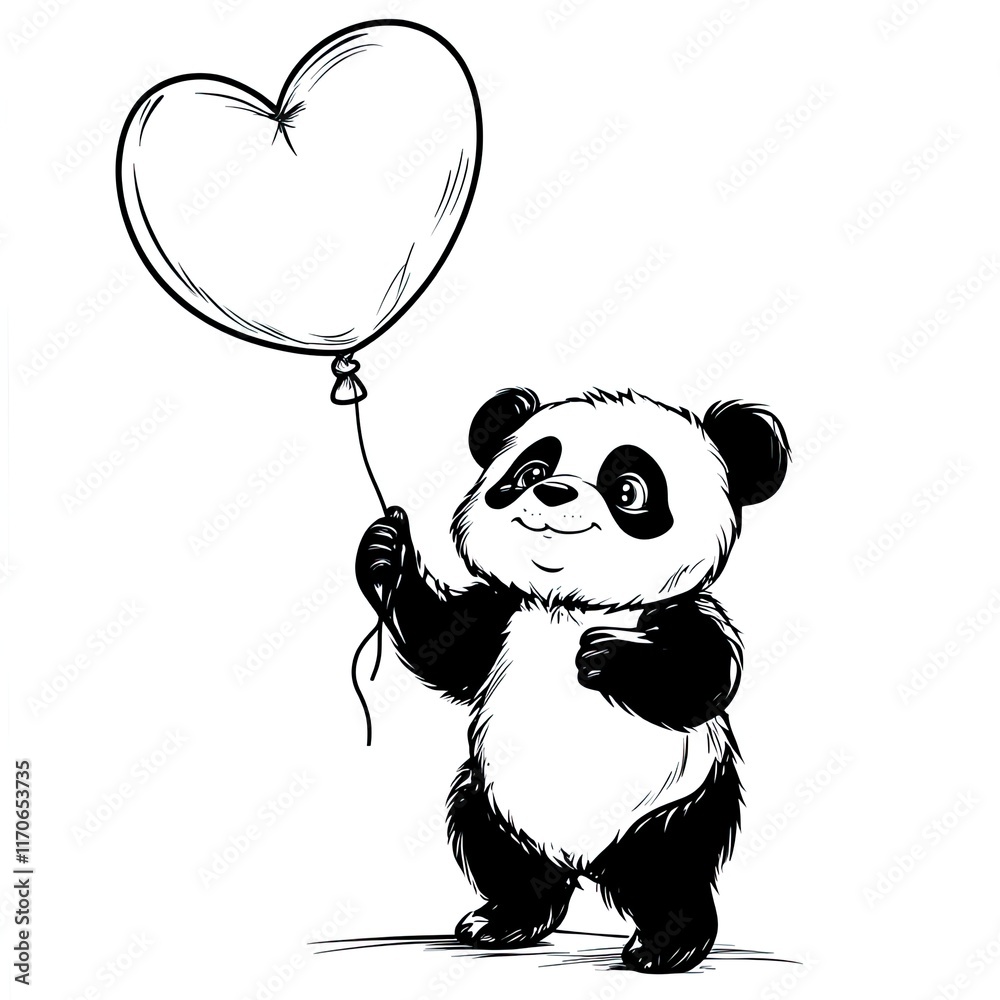 Adorable Panda Holding Heart Balloon: Simple Coloring Page for Kids ...