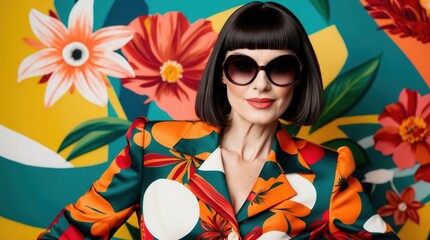 Wall Mural - A stylish woman adorned in a colorful floral blazer poses confidently against a vivid floral mural, exuding charm and elegance. Her bold sunglasses enhance the playful vibe of the scene