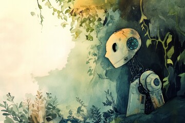 Poster - Futuristic Robot in Lush Forest Setting with Sunlight and Greenery in Watercolor Style Illustration