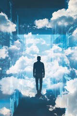 Poster - A Solitary Figure Standing Amidst Digital Clouds and Virtual Realities in a Futuristic Space