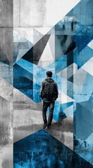 Wall Mural - A man is walking in a blue and white abstract painting
