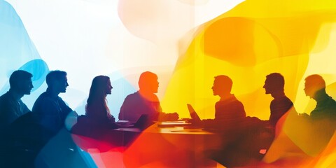 Poster - A group of people are sitting around a table, with some of them holding laptops