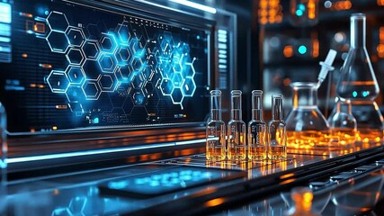 Poster - High-tech laboratory with glowing equipment and chemical vessels in a futuristic environment