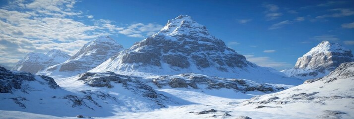 Wall Mural - A serene winter landscape with majestic snow-covered mountains under a clear blue sky.