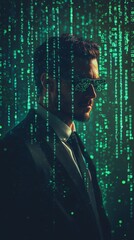 Poster - A man in a suit is standing in a green room with a green background
