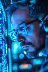 Poster - A man wearing glasses is looking at a computer screen