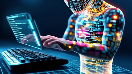 Poster - ai performing coding tasks on a computer in a futuristic setting with vibrant visuals