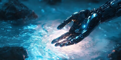 Poster - Futuristic Robotic Hand Touching Glowing Water Surface in a Sci-Fi Environment