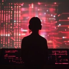 Poster - silhouette of person with headphones analyzing data on a futuristic digital interface
