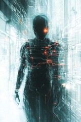 Poster - A Futuristic Cyborg in a Digital Metropolis