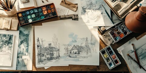  A flat lay of art supplies, including brushes, paints, and sketches.