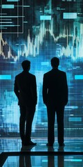 Poster - Two men are standing in front of a large screen with a blue background