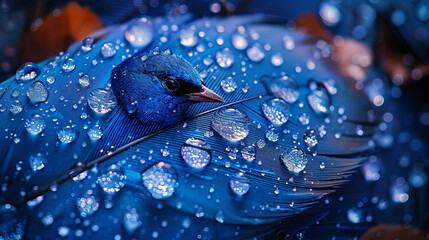 Wall Mural - Dark blue feathers with water droplets