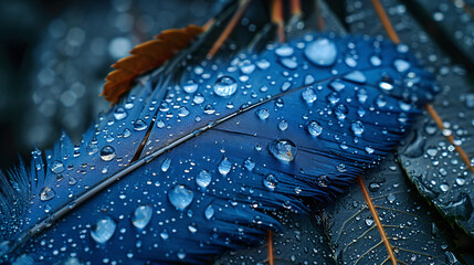 Wall Mural - Dark blue feathers with water droplets