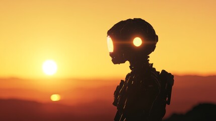 Poster - A robot silhouette stands against a glowing sunset, evoking a futuristic and sci-fi atmosphere.