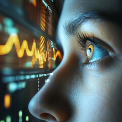 Poster - Close-Up POV of Eyes Staring at Data Visualization with Colorful Graphs