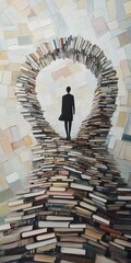 Poster - Surreal Pathway of Books Forming an Arch with Silhouette of a Person Walking Towards Light