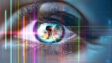 Poster - Close-up view of a human eye with digital data visualization in 4K quality