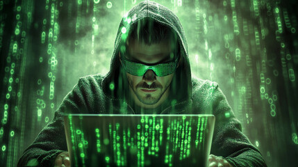 Poster - Programmer works intently on laptop surrounded by glowing green code. Generative AI