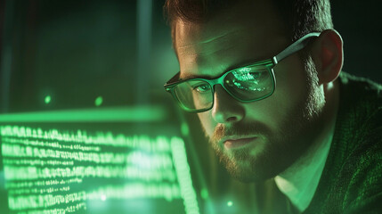 Poster - Individual focuses on laptop screen showing green lines of code in a dark environment