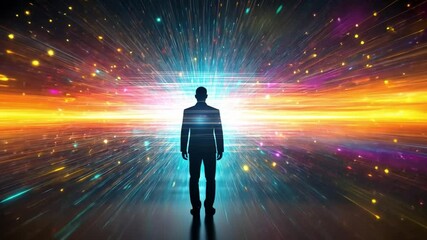 Poster - Captivating journey through a vibrant, abstract universe with a solitary figure in 4K resolution