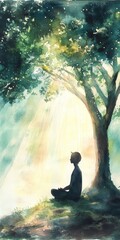 Poster - Serene Meditation Under a Tree with Sunlight Filtering Through Leaves in a Tranquil Forest Setting